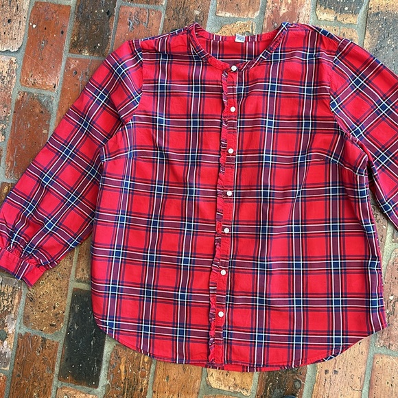 Old Navy Red Blue Plaid Tartan Ruffle Button Trim Long Sleeve Shirt zXL - Picture 6 of 15